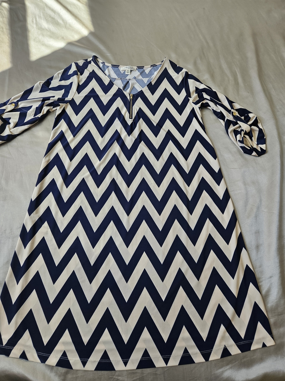 Tacera Navy and White Chevron Midi Dress with Belt - Picture 5 of 11